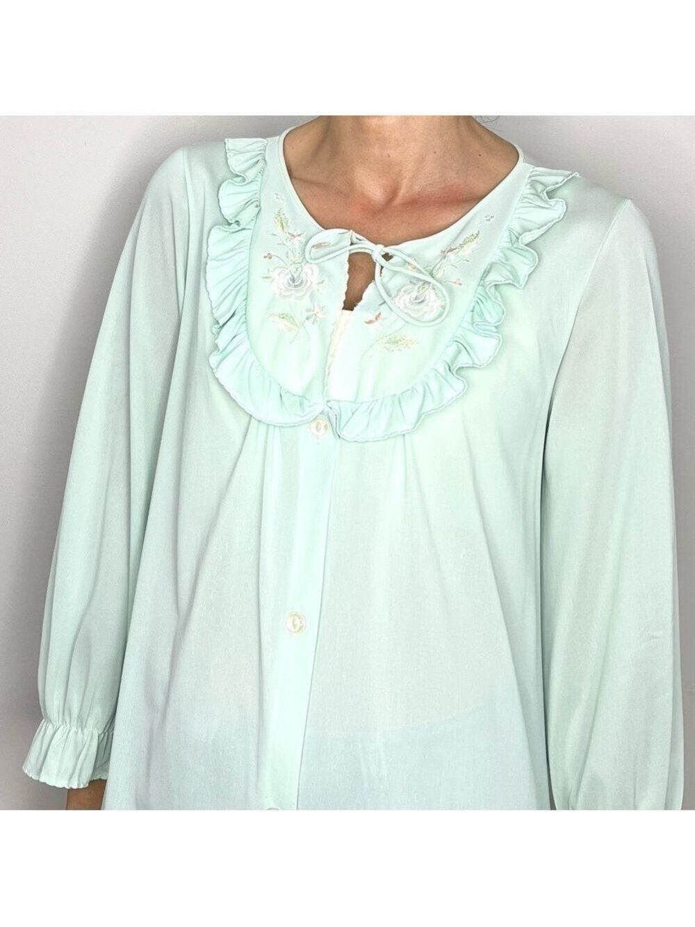 Vintage Mint Green Ruffle Embroidered Button Front Maxi Robe - Picture 6 of 13